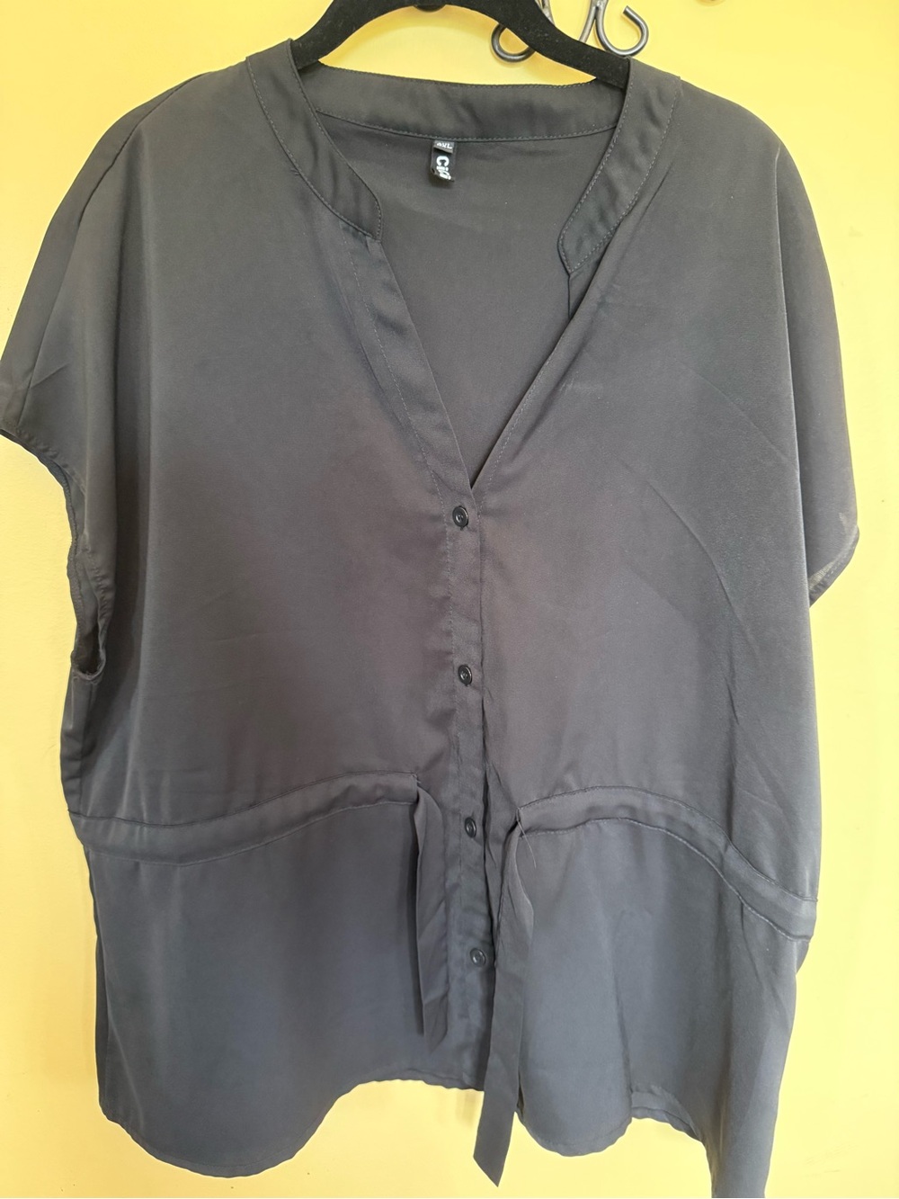 Women’s Black V-Neck Button-Front Blouse with Waist Tie
